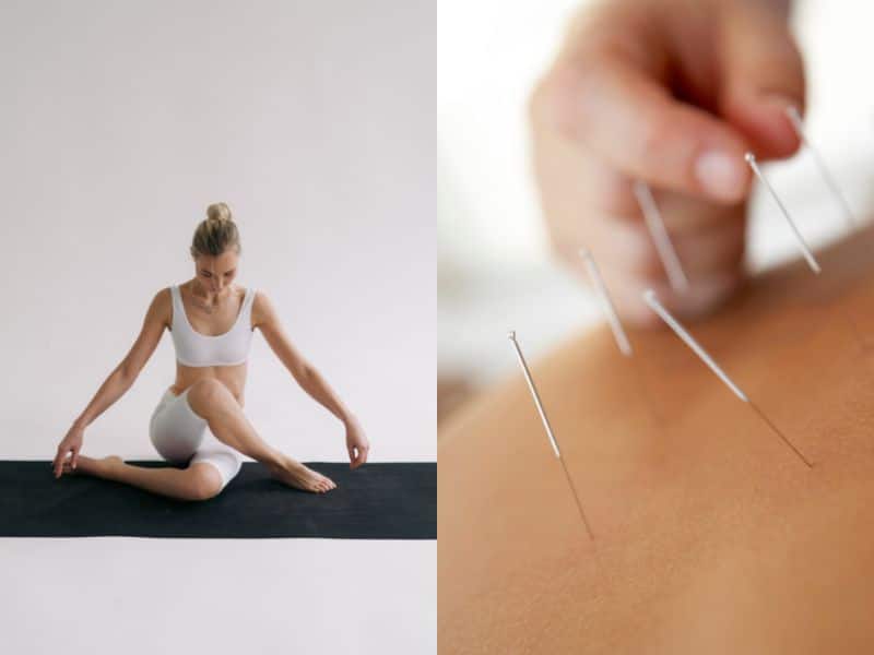 mujer practicando yoga y acupultura